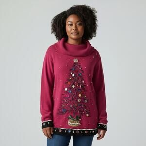 Vintage BP Design Not Ugly Christmas Tree Sweater Size Ladies XL Beaded Pink